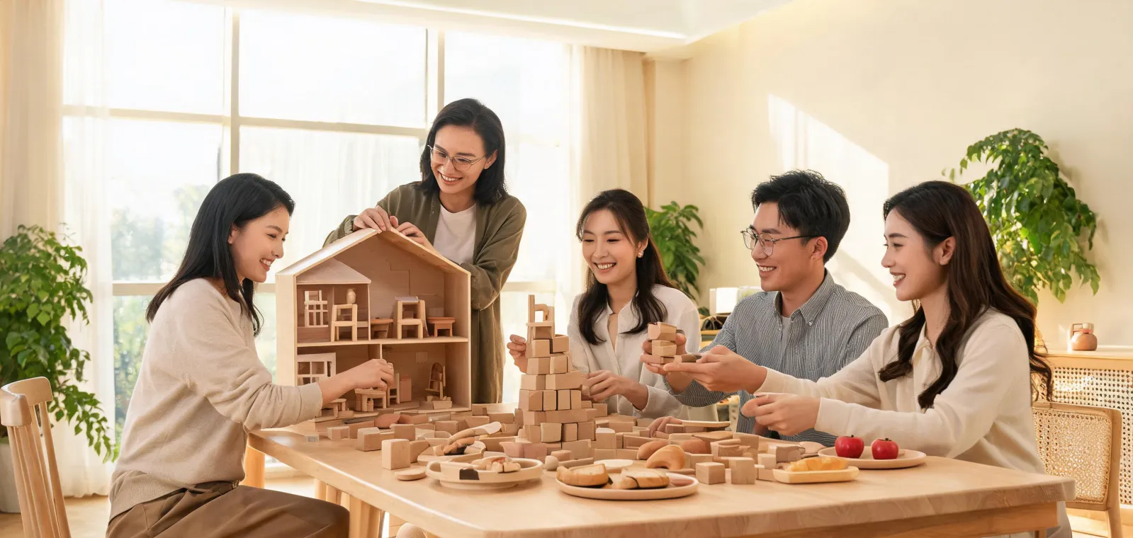 Melissa And Doug team arranging wooden toys