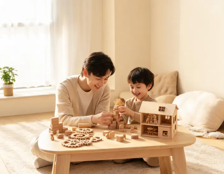 Parent and child playing with wooden pretend play toys